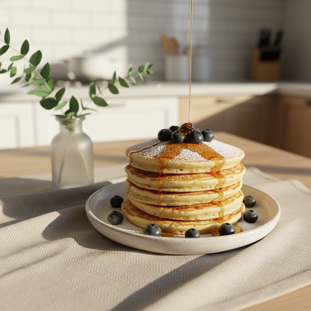 A bright, inviting breakfast scene featuring fluffy lemon-ricotta pancakes stacked high on a white stoneware plate, each layer dusted with powdered sugar and topped with fresh blueberries and a drizzle of glossy maple syrup. The plate sits on a pale linen table runner with a faint herringbone texture, near a small vase holding green eucalyptus stems. Morning sunlight streams through a nearby window, creating soft, warm highlights on the syrup and gentle shadows along the folds of the linen. Captured at an eye-level angle slightly off-center, the background shows a blurred hint of a tidy kitchen counter. The mood is calm, welcoming, and aspirational, with photographic realism and a clean, modern food blog aesthetic.