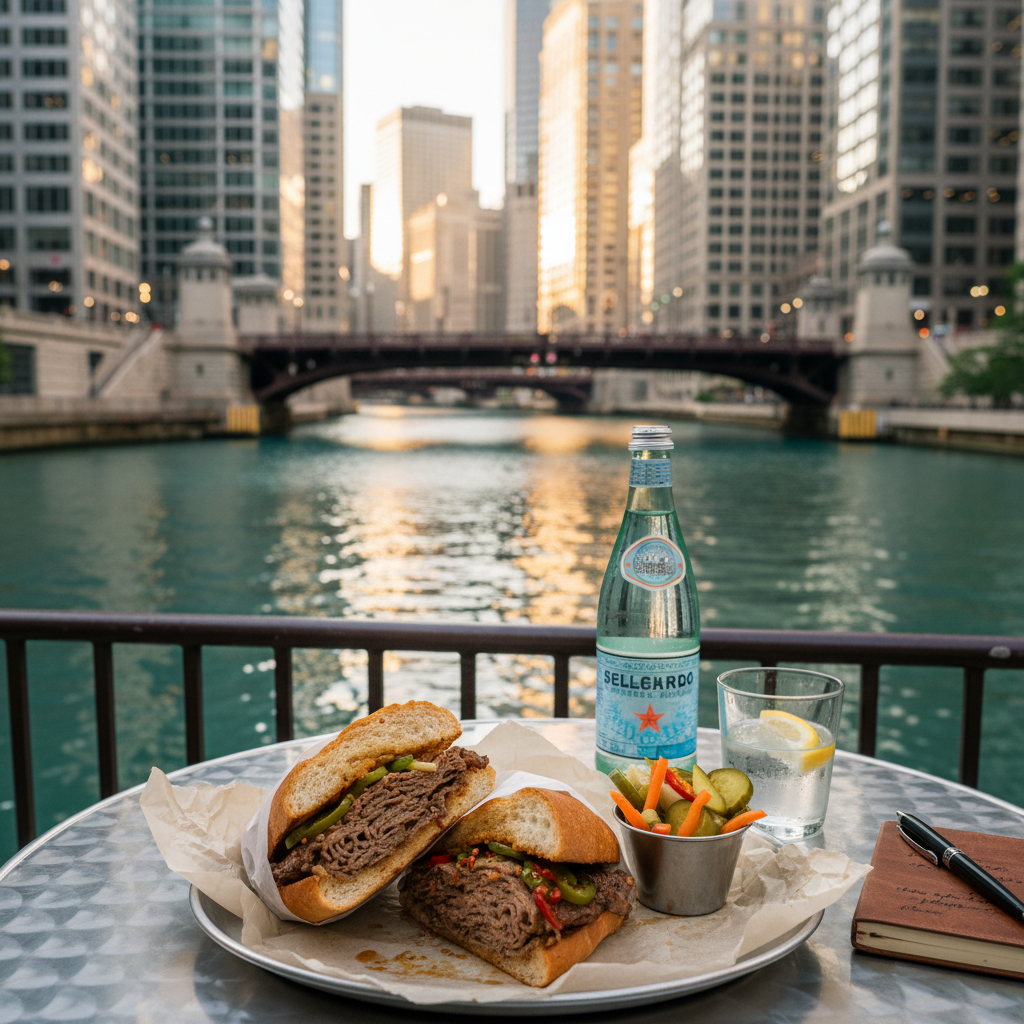 A travel diary scene from a Chicago riverwalk vantage point, focusing on a sleek metal café table holding a neatly arranged lunch: a gourmet Italian beef sandwich wrapped in parchment and sliced open to reveal juicy, pepper-studded filling, a small cup of giardiniera, and a sparkling water in a clear glass bottle with condensation. Behind the table, the iconic greenish river water and a mix of historic stone bridges and modern glass skyscrapers rise in the softly blurred background. Late afternoon golden hour light reflects off the buildings and dances on the river surface, creating lively highlights. Shot from a seated eye-level angle, the composition balances the food in sharp foreground focus with the cityscape as contextual backdrop. The mood is vibrant, urban, and exploratory, in crisp photographic realism.
