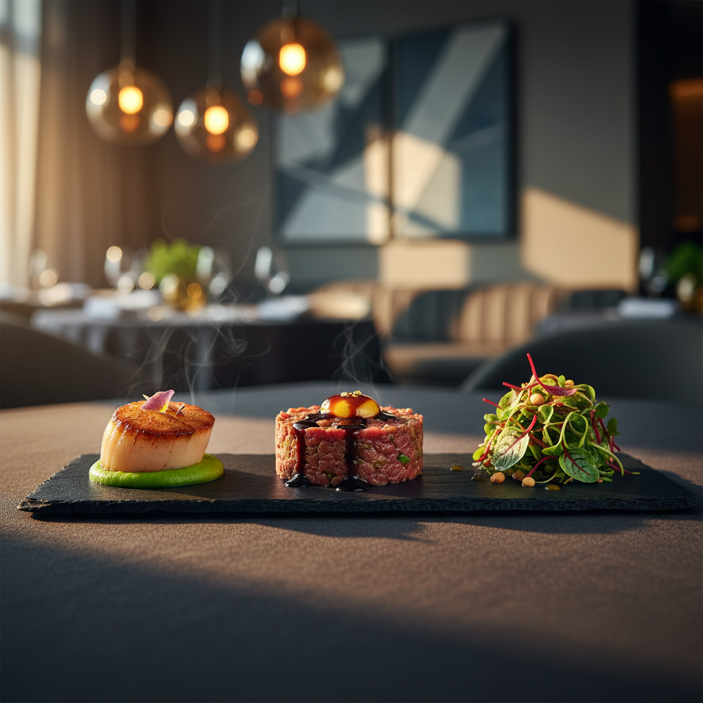 An atmospheric restaurant review image showing a beautifully arranged small tasting plate: a rectangular slate platter with three distinct bites, including a perfectly seared scallop atop a pea purée, a miniature steak tart with a glossy reduction, and an artful microgreens salad. The platter rests on a dark tablecloth in a contemporary upscale dining room, with blurred warm pendant lights and abstract wall art in the background. Low, warm evening lighting casts dramatic side highlights on the food, emphasizing textures and subtle steam while leaving the background in soft bokeh. The composition is tight and focused with a shallow depth of field, framed on the rule of thirds for a refined professional look. The mood is sophisticated and discerning, ideal for a detailed food review post. Photographic realism with rich, nuanced color.