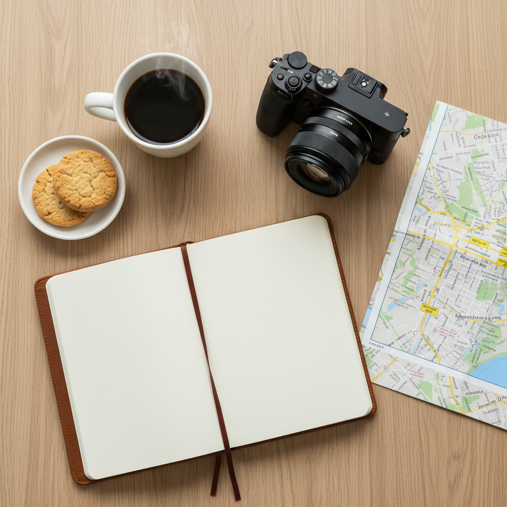 A polished travel flat lay featuring a worn leather-bound journal opened to a blank page, a sleek mirrorless camera with a textured black body, and a folded Chicago city map with highlighted routes. These items are carefully arranged on a light oak table beside a ceramic mug of black coffee and a small dish of buttery shortbread cookies. Soft overcast window light creates even, diffused illumination with minimal shadows and subtle reflections on the camera lens. Photographed from a true overhead bird’s-eye perspective, the composition follows the rule of thirds, leaving negative space for visual breathing room. The mood is thoughtful, organized, and professional, conveying the start of a carefully documented food and travel diary. Photographic realism with crisp detail throughout.